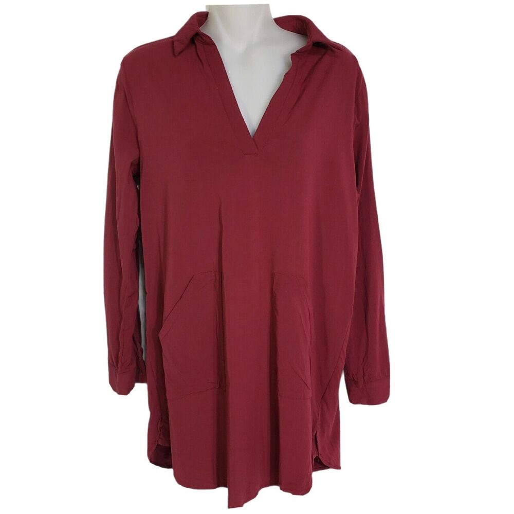 Lumiere Women Blouse Top Medium Tunic Pockets V Neck Maroon Long Sleeve Collared